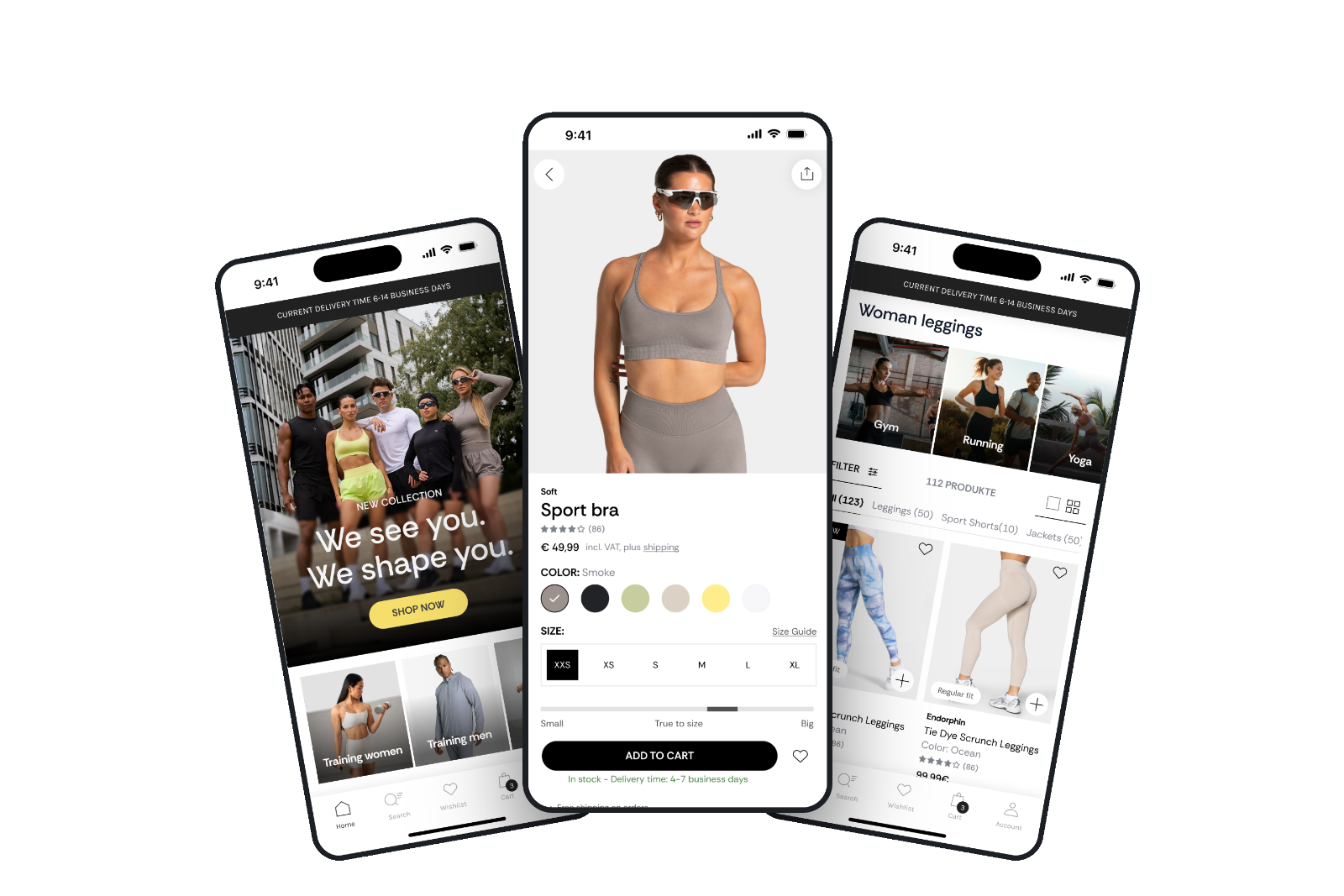 Three TEVEO app screens shown side by side: homepage, sport bra product page, and women's leggings listing page