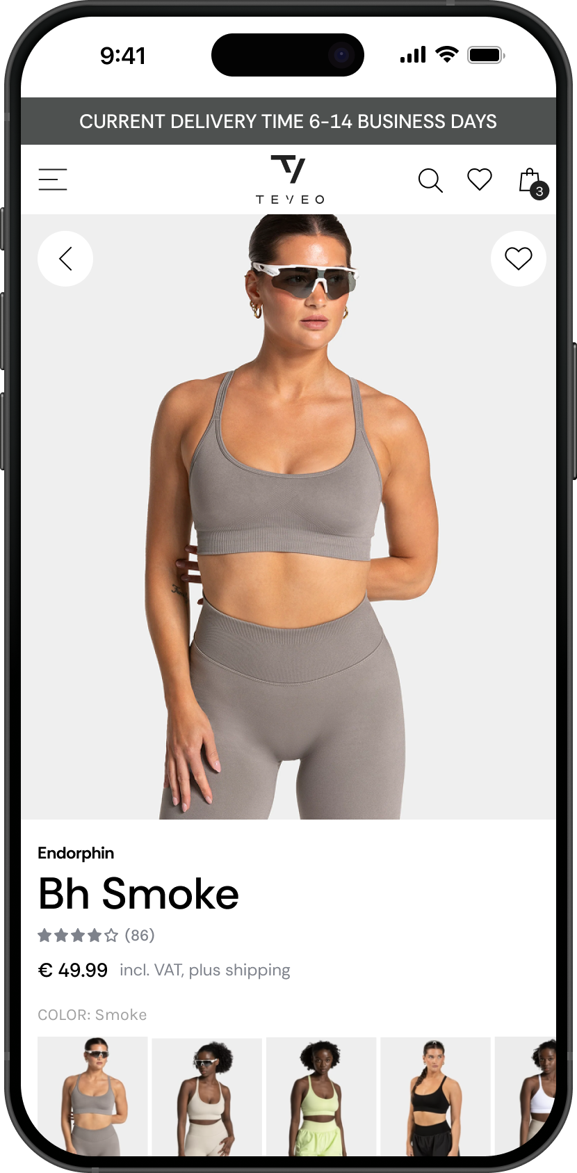Teveo e-commerce product page mockup