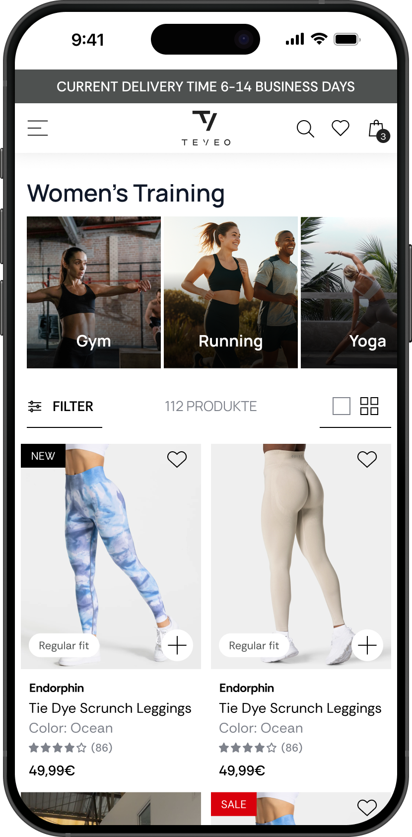 Teveo product listing page mockup