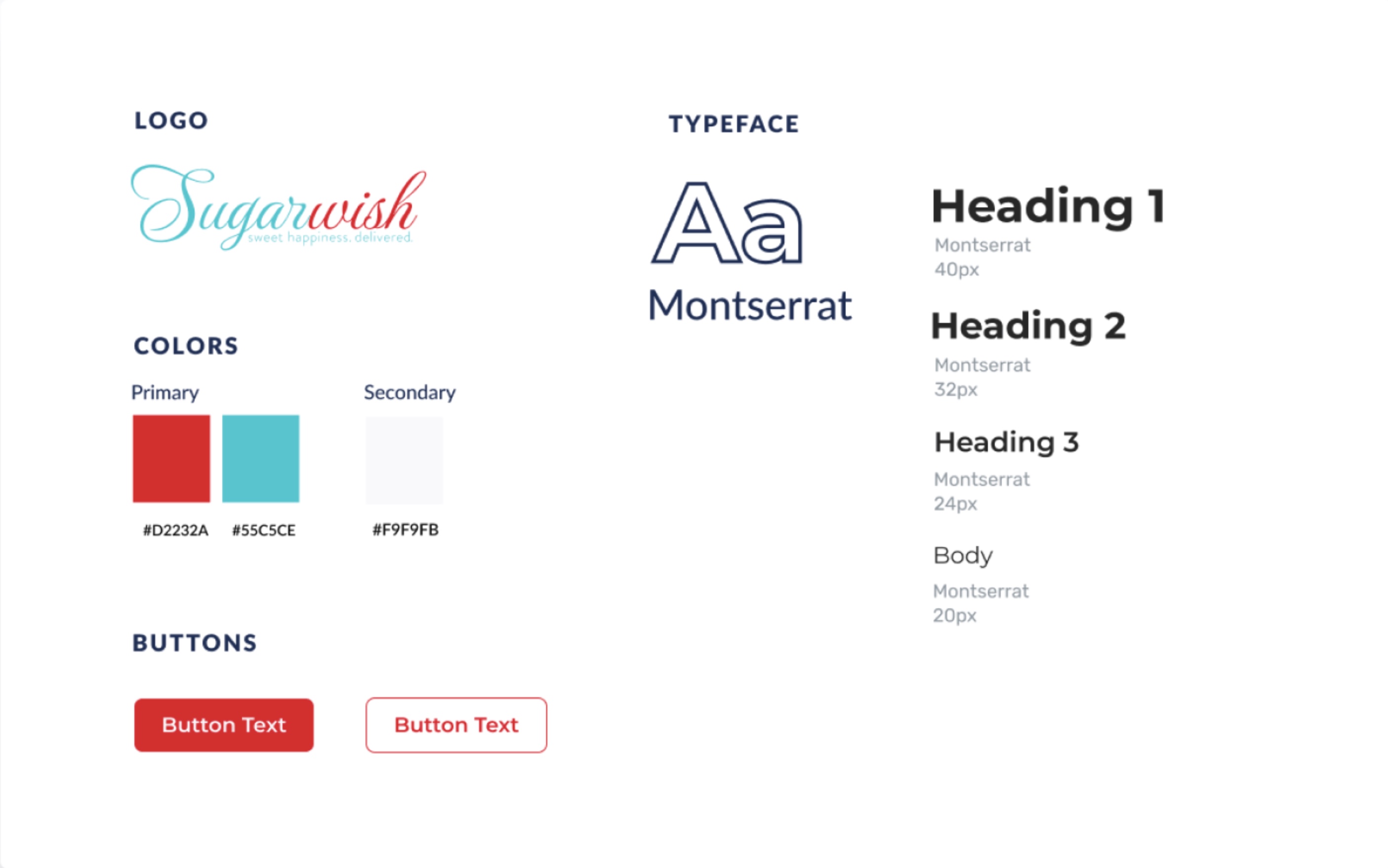 Sugarwish design system detail: logo, colors, typeface, and buttons