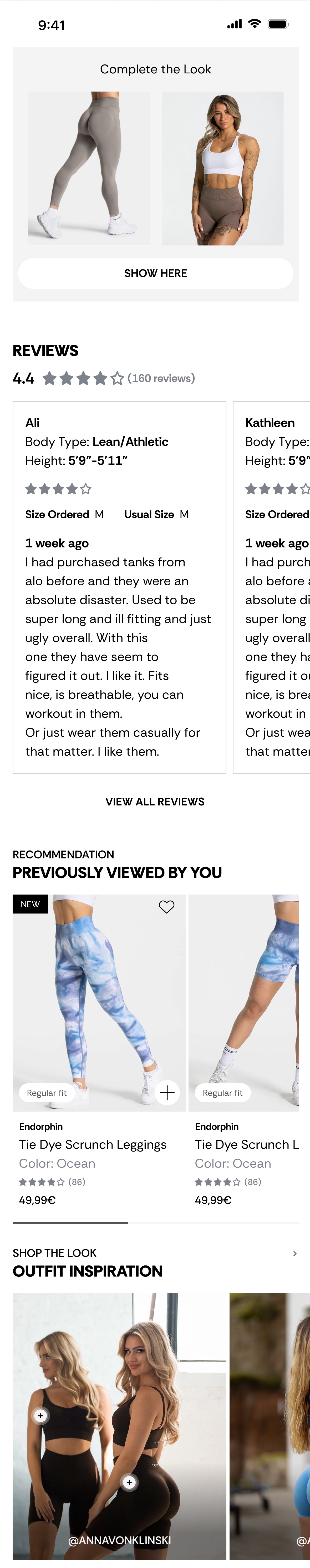 TEVEO PDP design showing complete the look, reviews, and recommendations