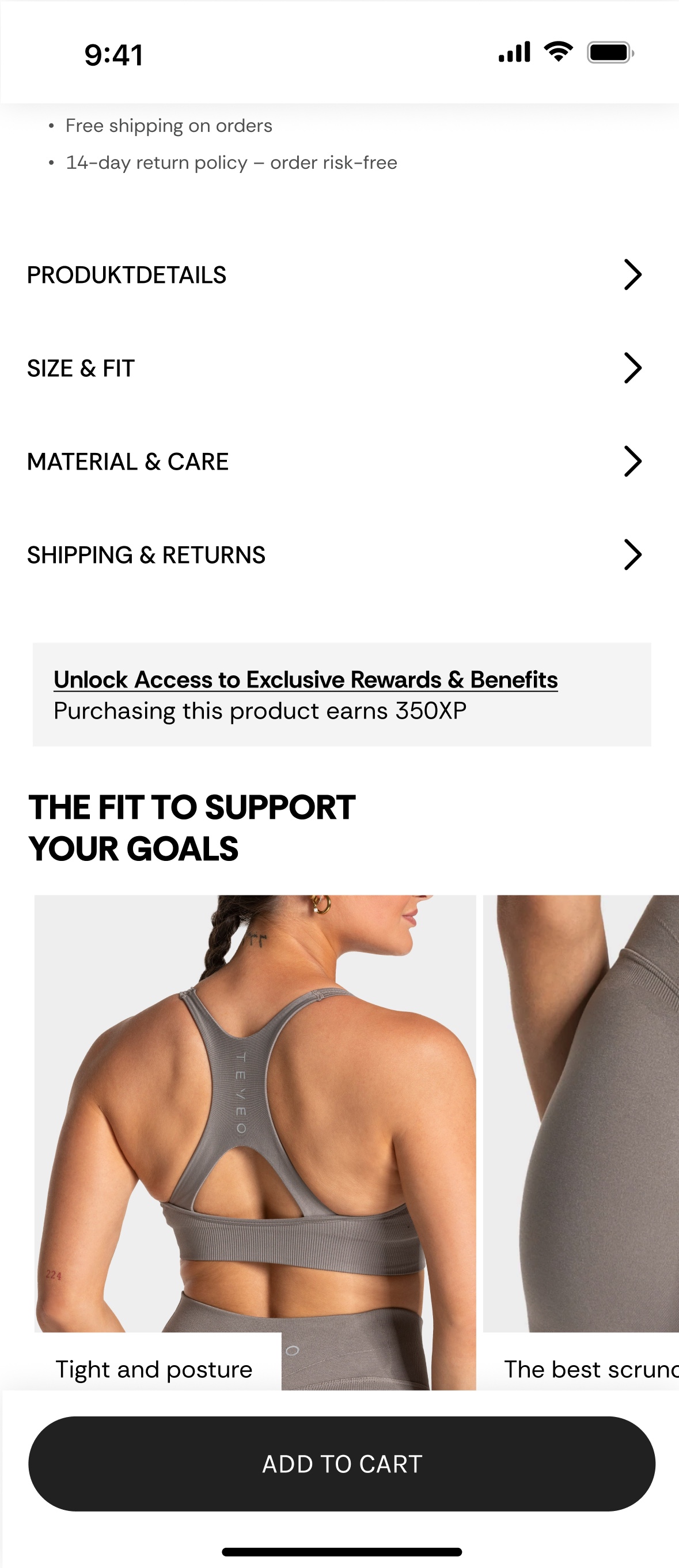 TEVEO PDP design showing the sticky Add to Cart button