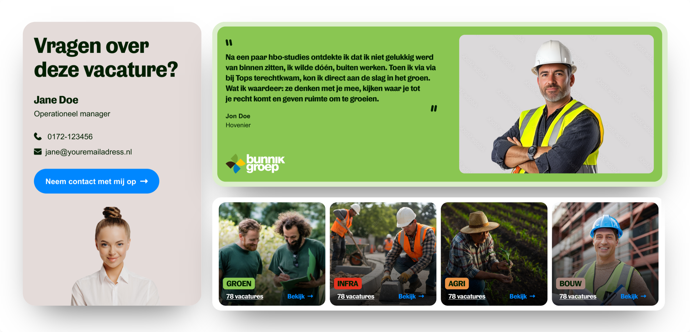 Examples of reusable TOPS components: a vacancy contact card, a testimonial block, and sector tiles for Groen, Infra, Agri and Bouw