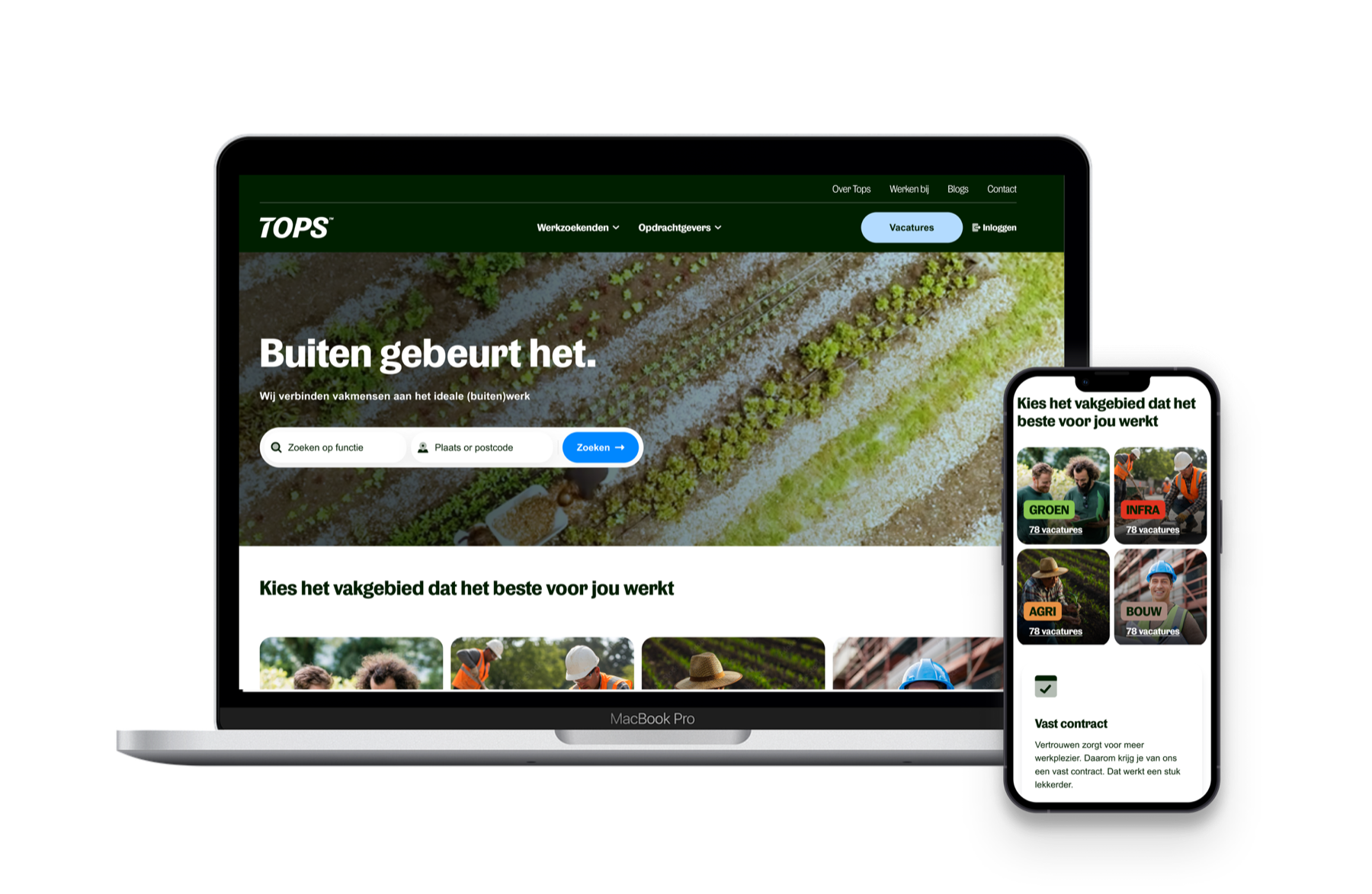 Redesigned TOPS website on a laptop and phone, showing the homepage hero and the four sector tiles